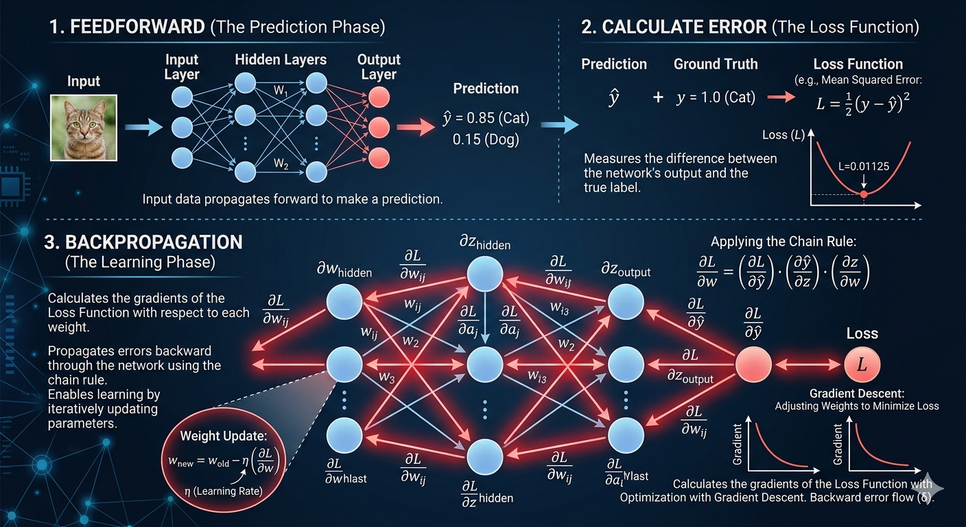 Backpropagation Algorithm: Feedforward, Error Calculation, and Backward Error Flow